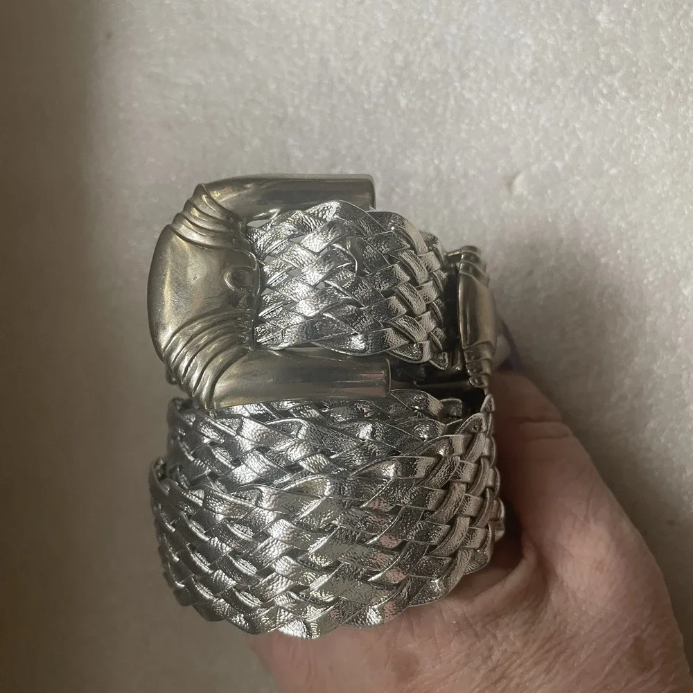 Metallic Silver Woven Statement Belt Adult Medium Adjustable Maximalist Rave 34
